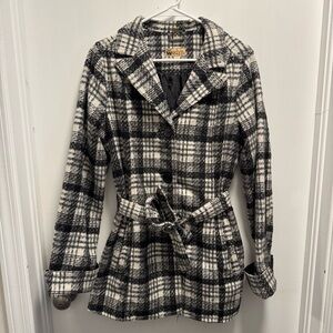 Odyn Womens Plaid Pea Coat Size Large Wool Blend Black White Belt Lined